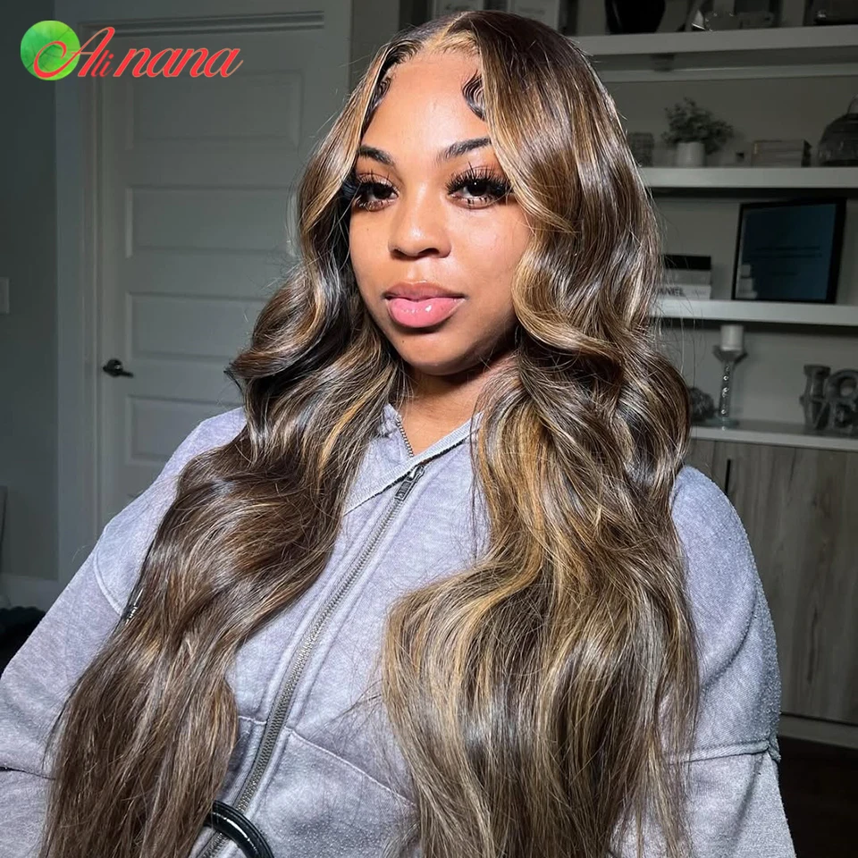 

Highlights Brown Colored 13x4 Transparent Lace Frontal Wig Body Wave Pre-Plucked 12A Grade Lace Closure Human Hair Wig For Women