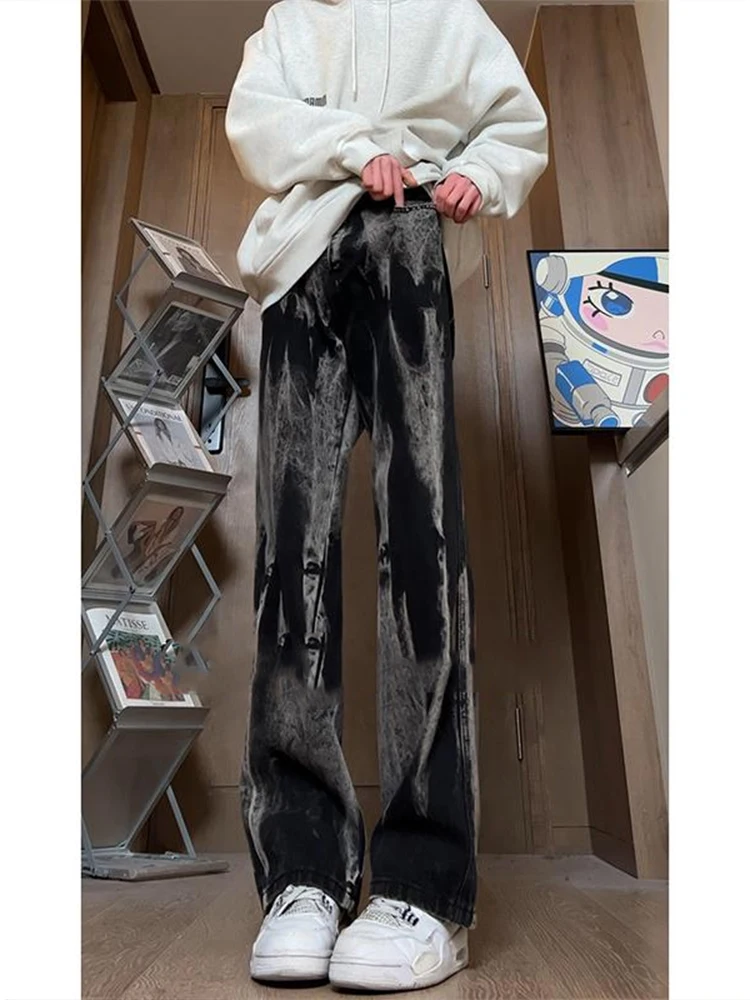 

Extended Length Tie Dye Jeans Men's Tall Waist Lift Straight Leg American Retro Wide Leg Micro Flare Trendy Jeans