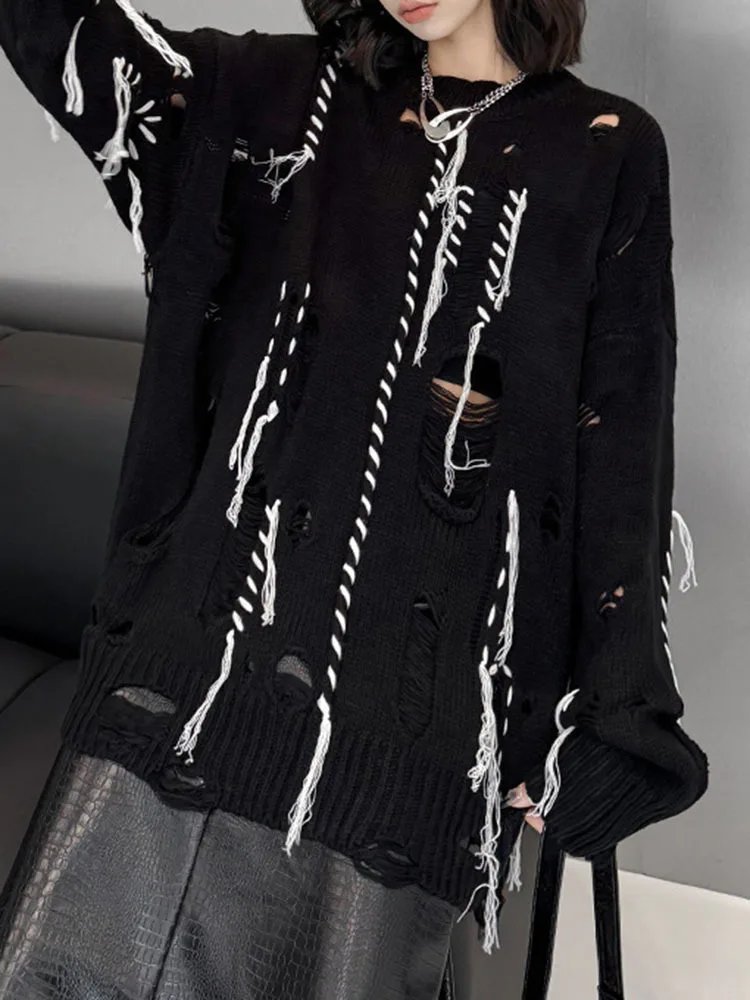 [EAM] Black Tassels Big Size Knitting Sweater Round Neck Long Sleeve Women Pullovers New Fashion Spring Autumn 2024  1DH6878