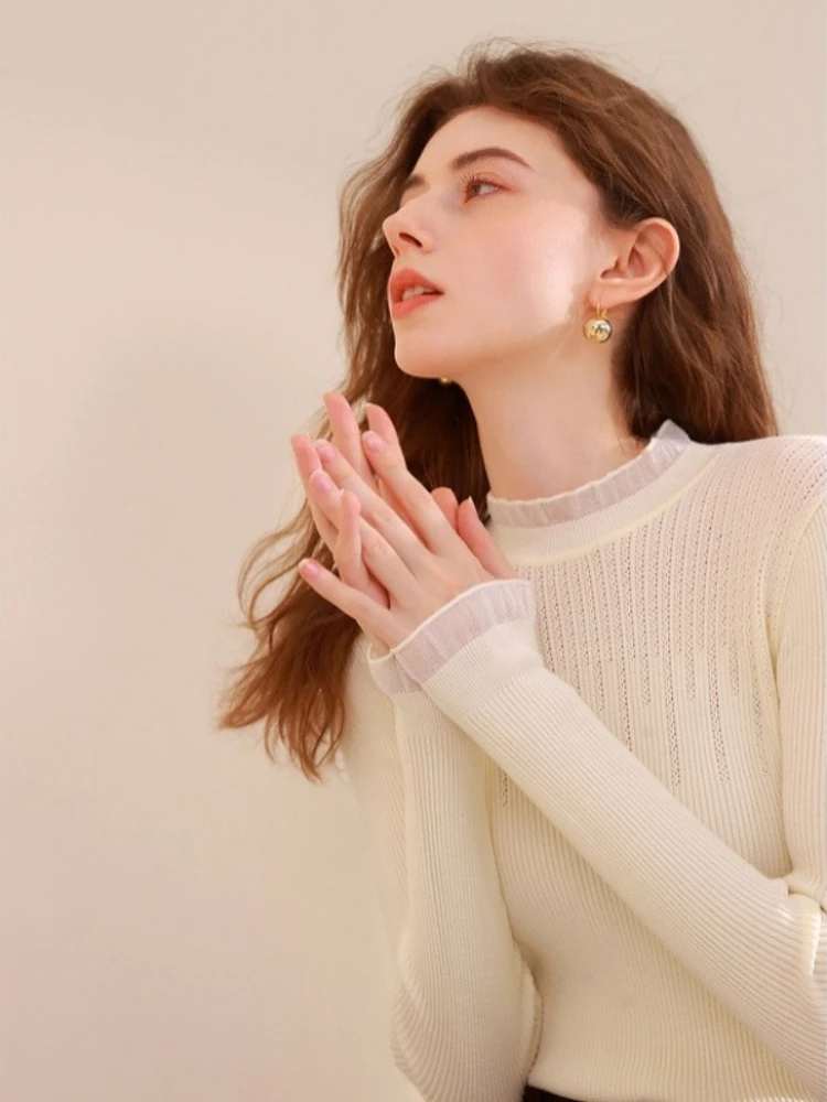 Damski sweter z golfem na jesień i zimę, vintage, basic, jednolity, z koralikami, koreańskie topy, casualowy, dopasowany sweter, prosty top bazowy.