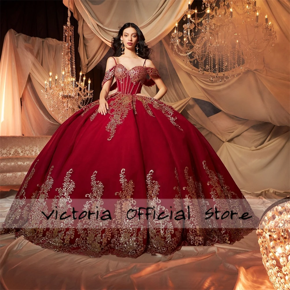 فاخر الذهب الترتر زين الأحمر السباغيتي Quinceanera فستان الكرة ثوب الأميرة الحلو ستة عشر فستان الزفاف المكسيكي مخصص