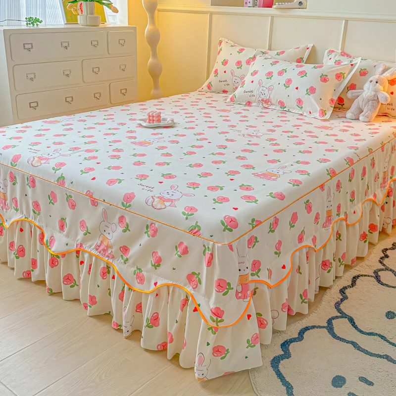 

Printed Bed Skirt with Pillowcase Queen Size Bed Cover Set Ruffles Mattress Protector Home Bed Linen Soft Bedspread jupe de lit