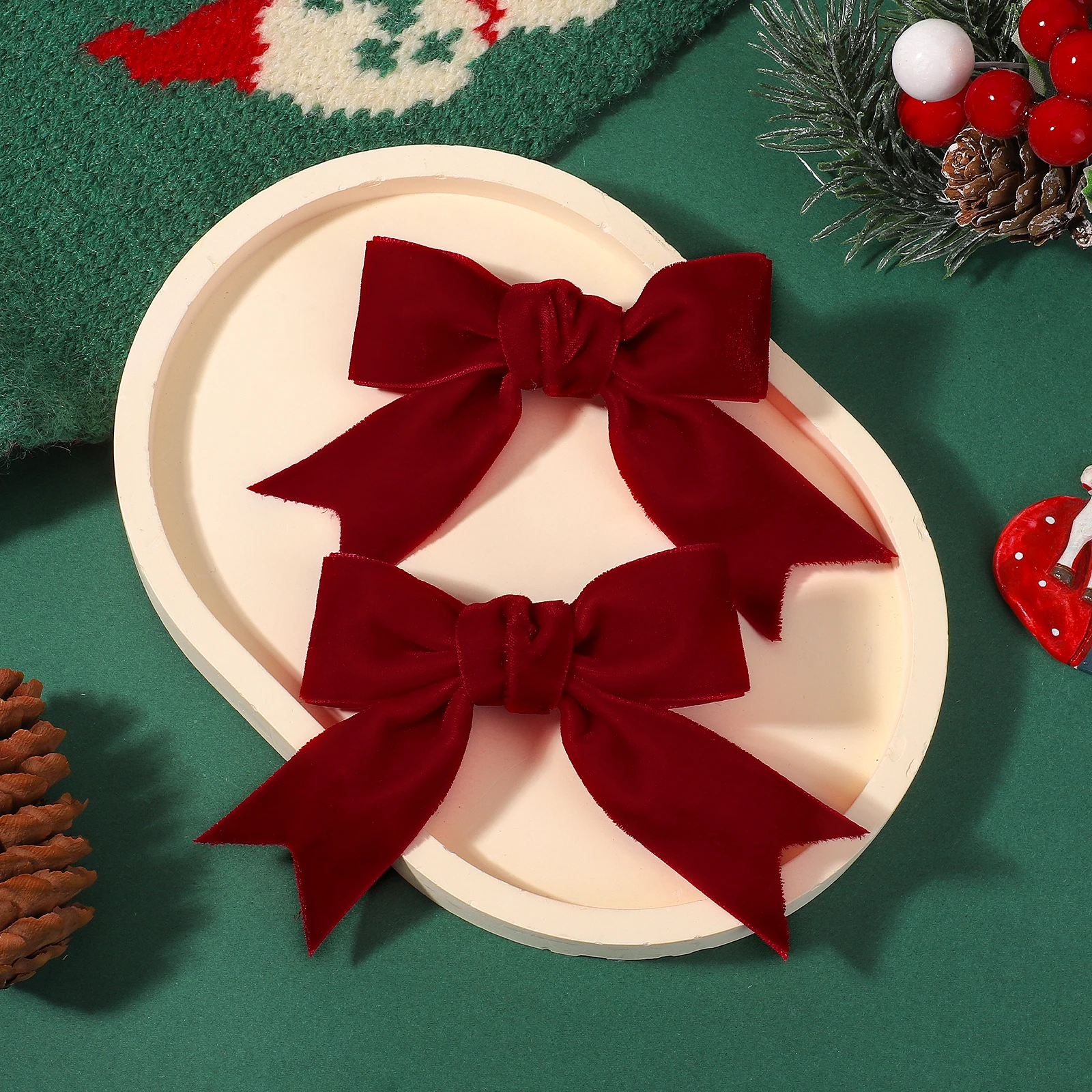 2 قطعة عيد الميلاد المخملية الشريط الانحناء مقاطع الشعر للطفل الفتيات الرجعية الأحمر الأخضر اليدوية دبوس الشعر أغطية الرأس السنة الجديدة إكسسوارات الشعر #4