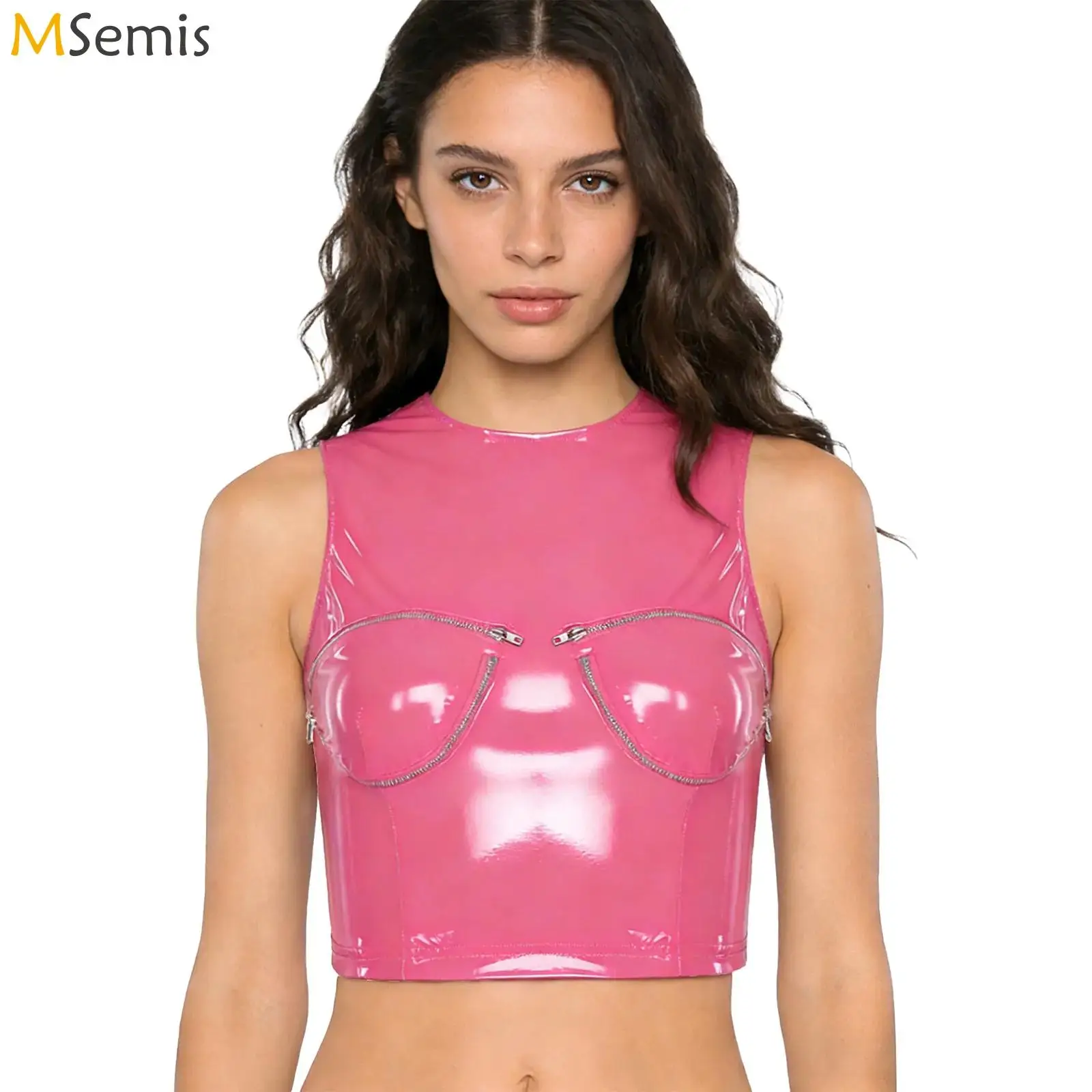 

Womens Glossy PU Leather Latex Cropped Camis Zipper Cups Crew Neck Back Zip-up Slim Fit Crop Tank Top Wet Look Rave Clubwear