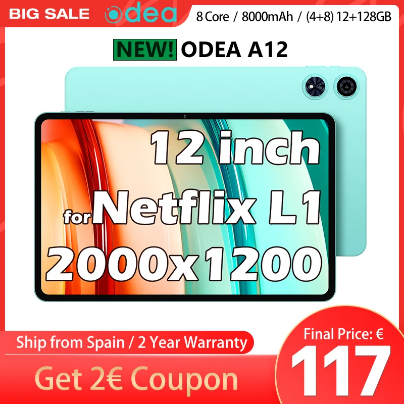 【New】 Odea A12 tablet, 12 inch TDDI 2K 2000x1200, Android 14, (4GB + 8GB)12GB RAM, ROM 128GB, UNISOC T606, 8 cores, mali-G57, 8000mah, 13MP + 8MP, TF up to 1TB, type C, Widevine L1