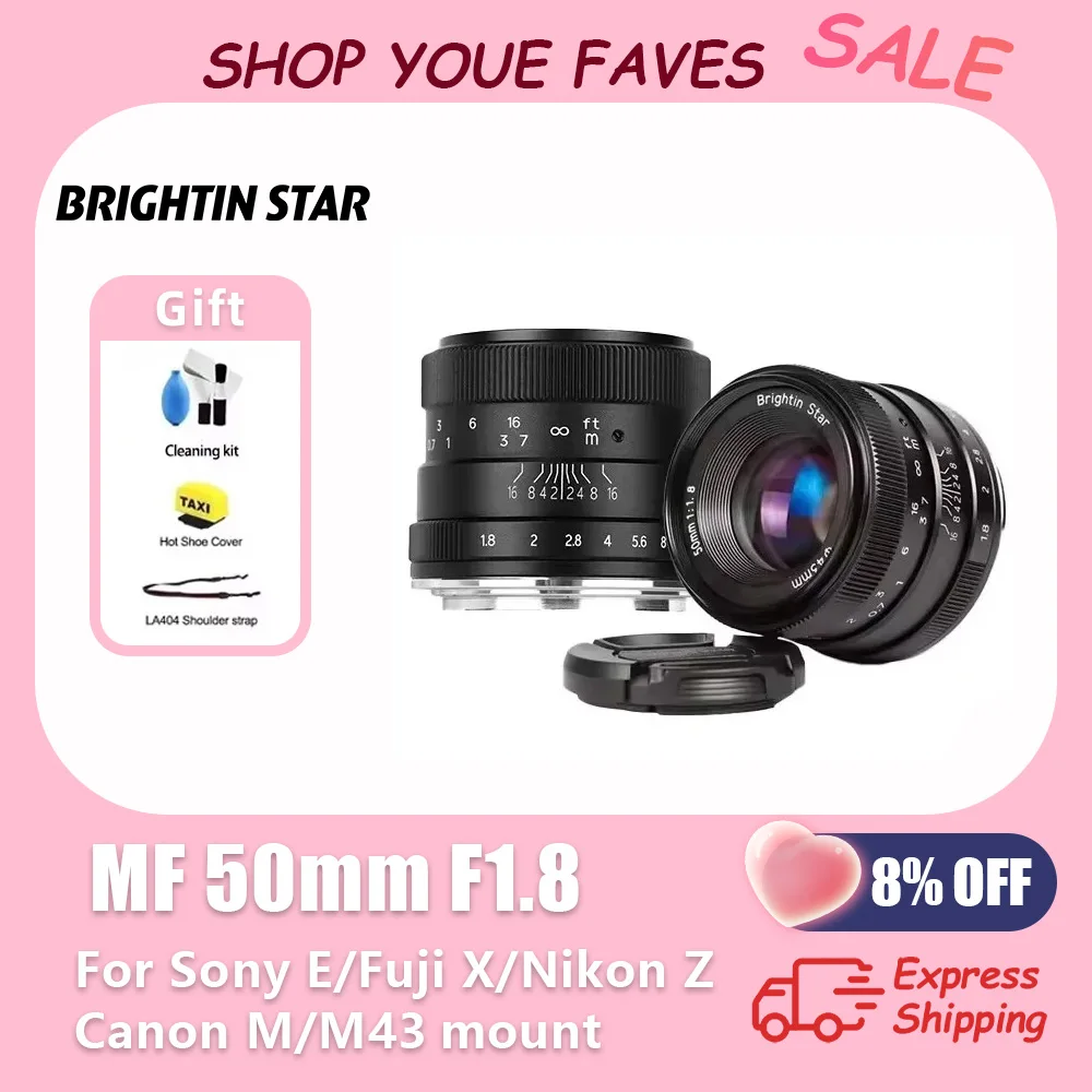 

Brightin Star 50mm F1.8 APS-C Mirrorless Camera Portrait Fixed Focus Lens for Sony A6400 A7III Nikon Z Canon EOS-M Fuji XF M4/3