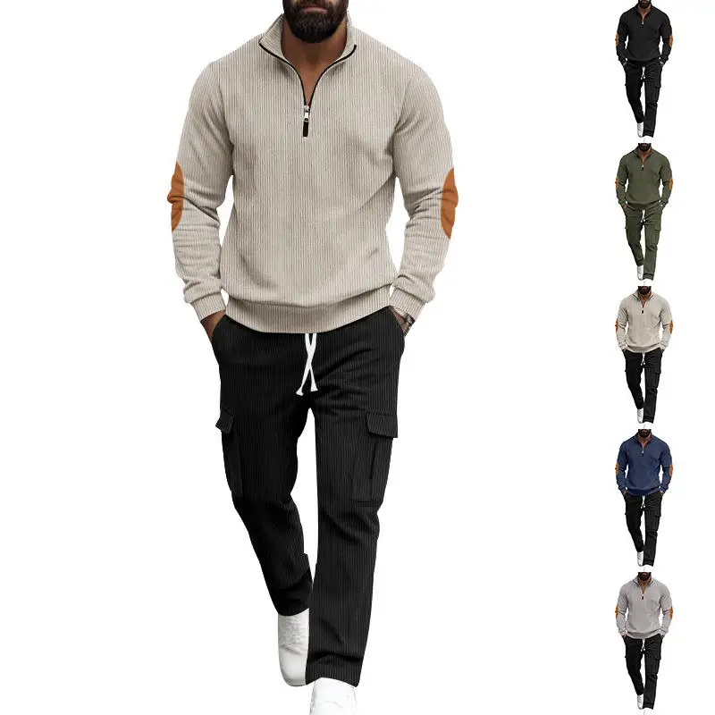 

Men's Autumn Winter Corduroy Long Sleeve Hoodie Set Casual Stand Collar Half Zipper Pants Long Trousers Comfortable Streetwear