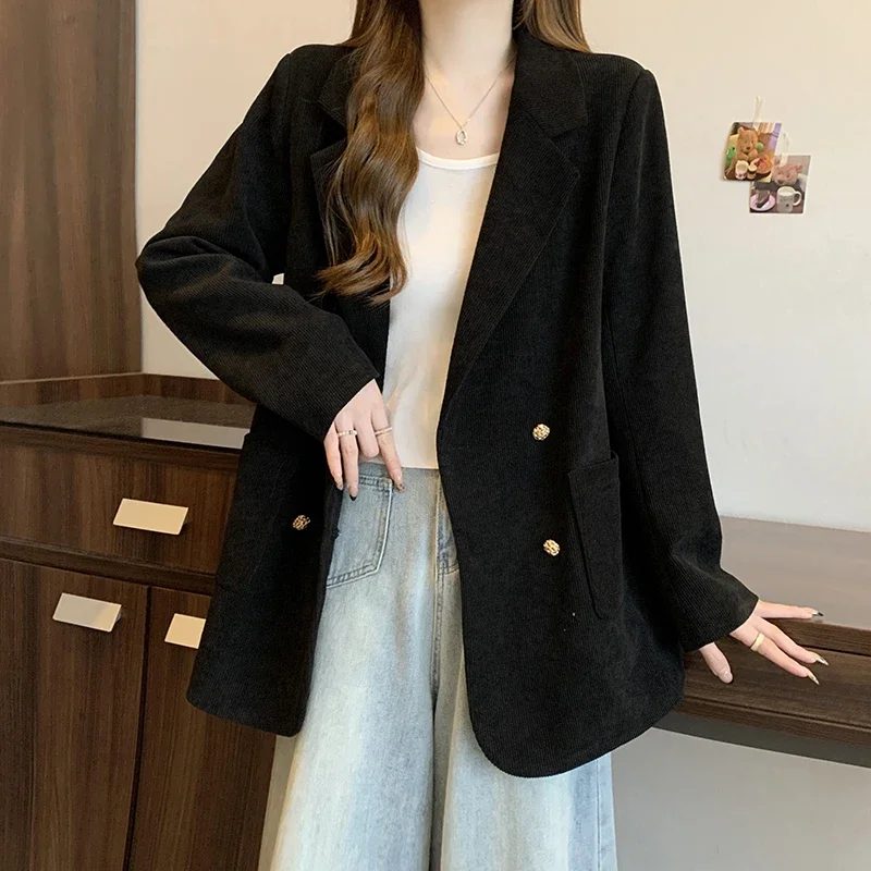 2024 Fall/Winter New Chubby Girl Plus Size Women's Suit Jacket Korean Style Design Corduroy Blazer Fashion Casual Lady Coat Top