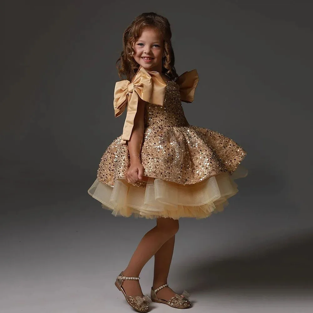 ที่กําหนดเองแชมเปญดอกไม้สําหรับงานแต่งงาน Glitter Sequins กับโบว์ Puffy ปิดไหล่เด็กวันเกิด Party Ball Gown