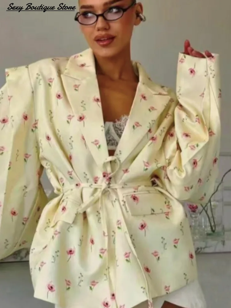 Chic Oversizeดอกไม้พิมพ์ผู้หญิงเสื้อแจ็คเก็ตLapel Lace Upหลวมเสื้อแขนยาวเอวสูงOutwears 2025 Lady Streetwear