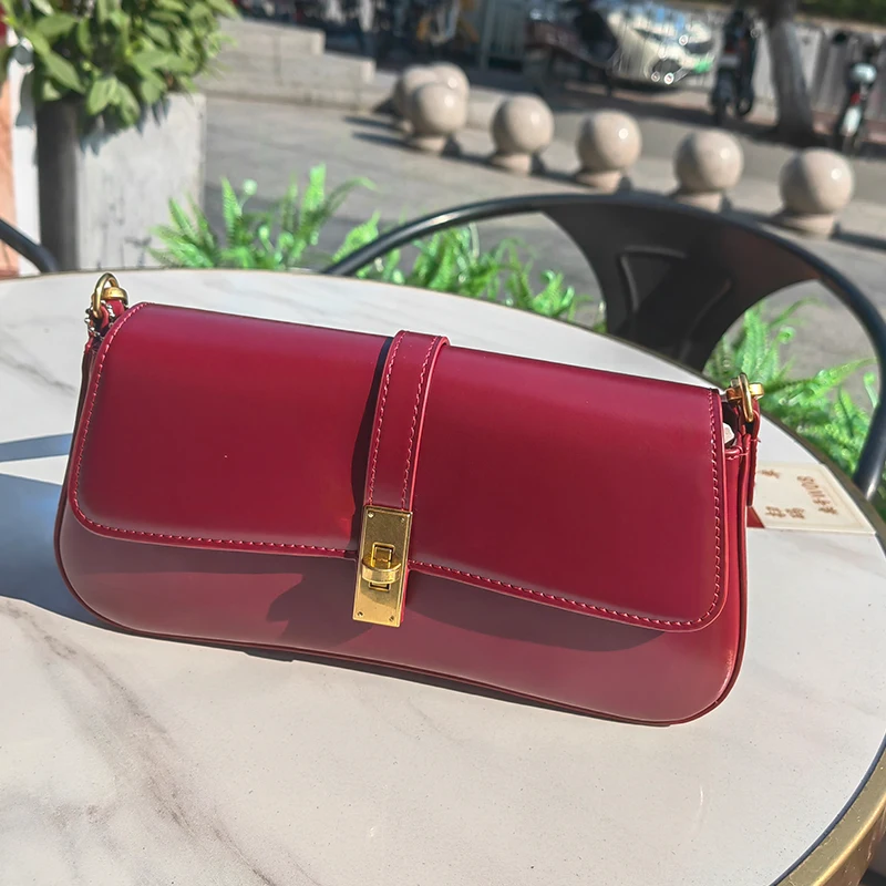Genuine Leather Women\'s Shoulder Bag High Quality Vintage Baguette Bag Luxury Designer Women Crossbody Bags Cowhide Handbags