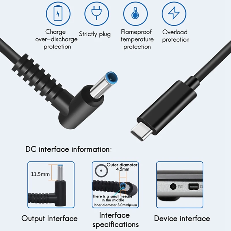 ارتفاع محمول PD كابل شحن سريع نوع-C مناسب ل HP HP 65 واط DC4530 كابل شحن وصلة كابل