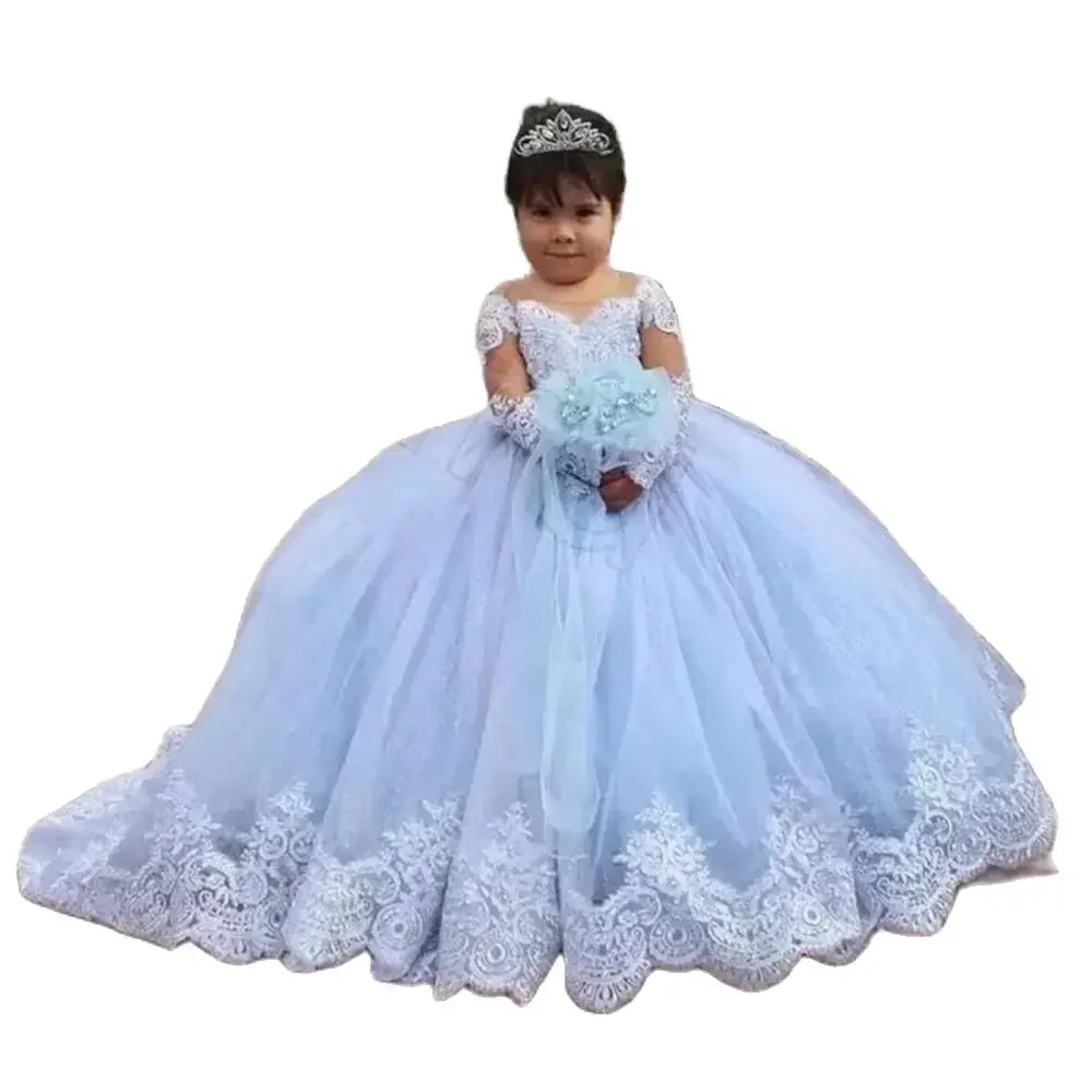 فستان وصيفة العروس الأبيض للفتيات الدانتيل القوس الكبير زهرة فتاة فساتين الكرة ثوب الاطفال حفل زفاف مهرجان ثوب التواصل الأول