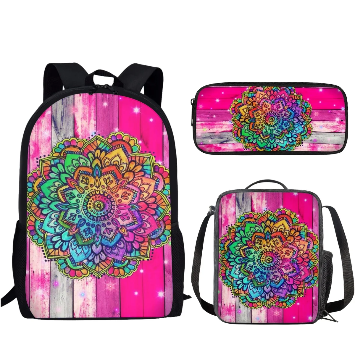 Mochila escolar con patrón de Mandala para niños, bolso escolar de gran capacidad para mujeres y hombres, mochilas para adolescentes y estudiantes con bolsa de almuerzo y estuche para lápices