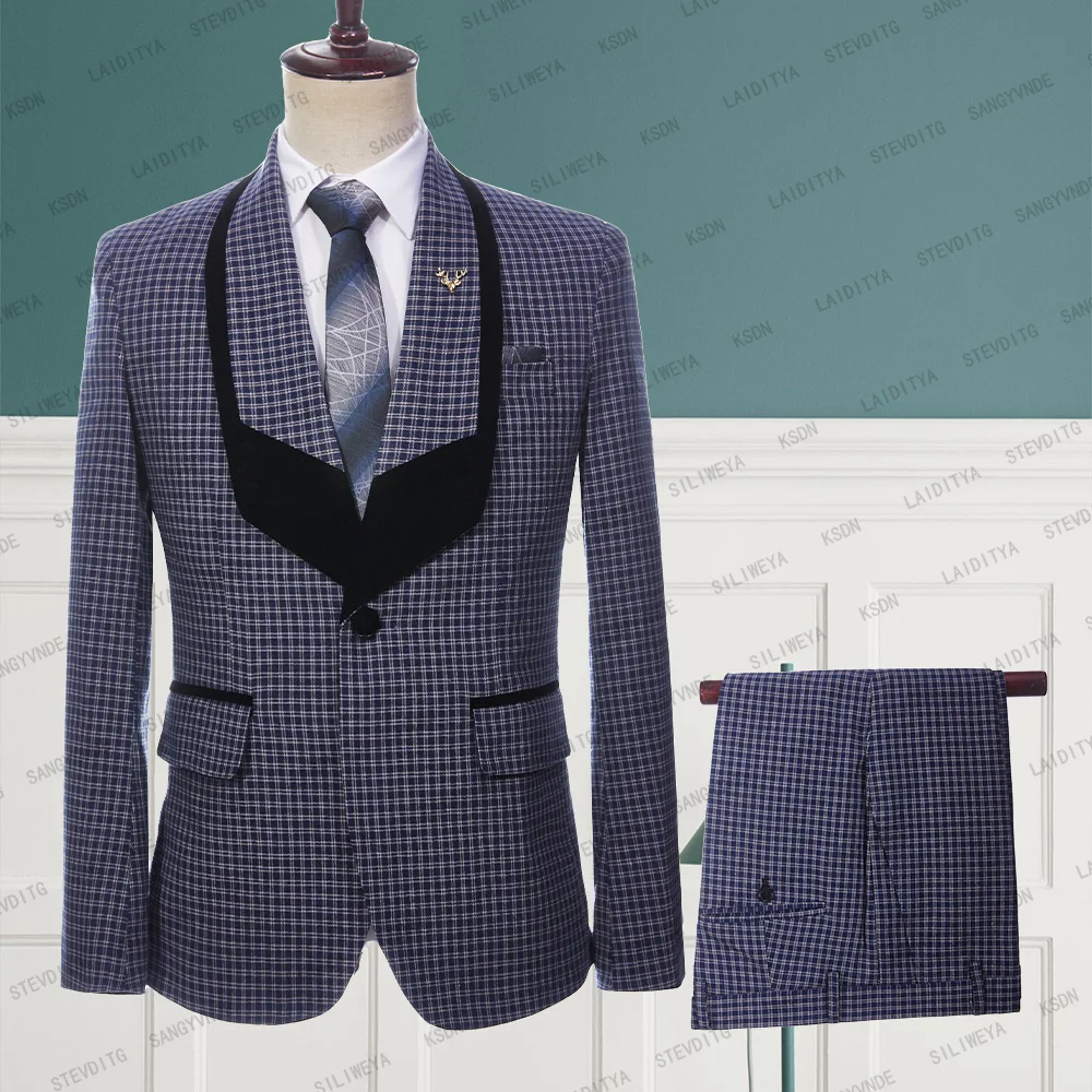 

2023 New Men Wedding Party Summer 2 Pcs Set Blue White Reto Classic Plaid Black Shawl Lapel Jacket Pants Fashion Slim Fit Suits