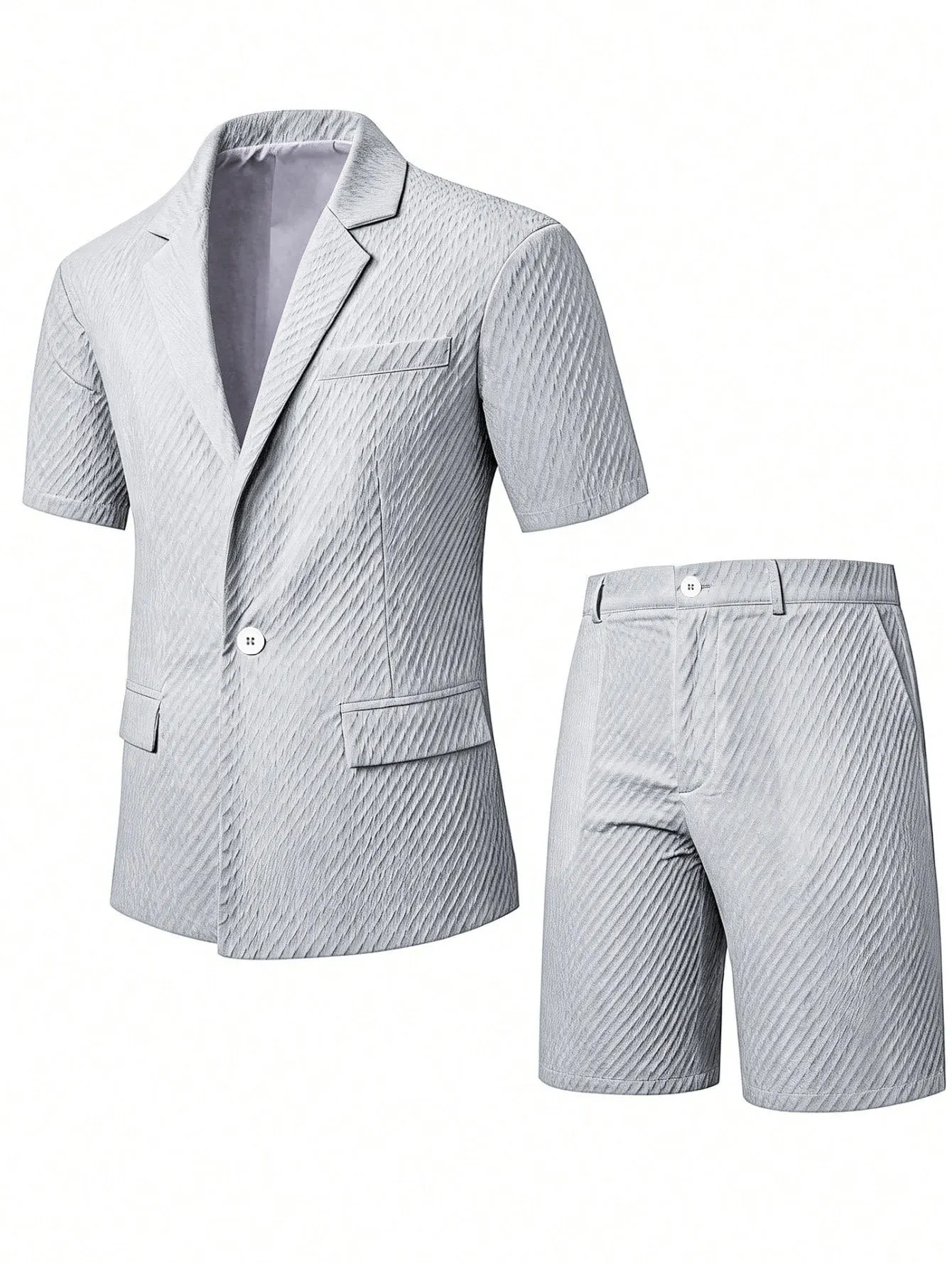Herren Leichter Strukturierter Zweiteiler mit Reverskragen, Kurzarm-Einreiher-Blazer und Passenden Shorts für Sommerlichen Smart-Casual-Look – Detail 20