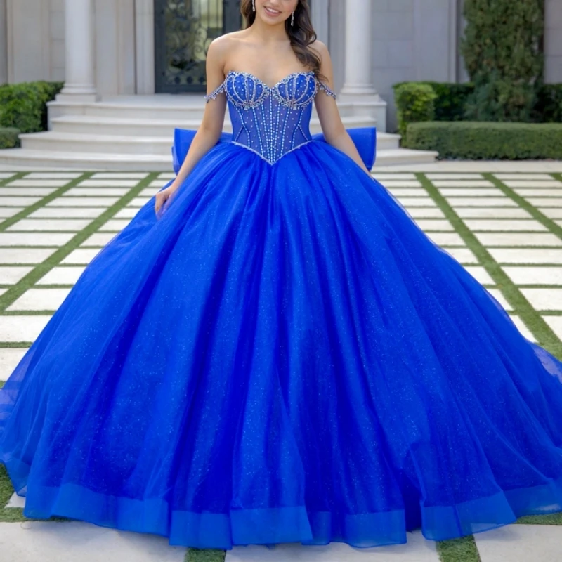 

Королевское синее блестящее бальное платье Quinceanera платья с открытыми плечами и бисером с кристаллами и бантом из тюля для вечеринки, дня рождения, сладкое платье 16, Vestidos