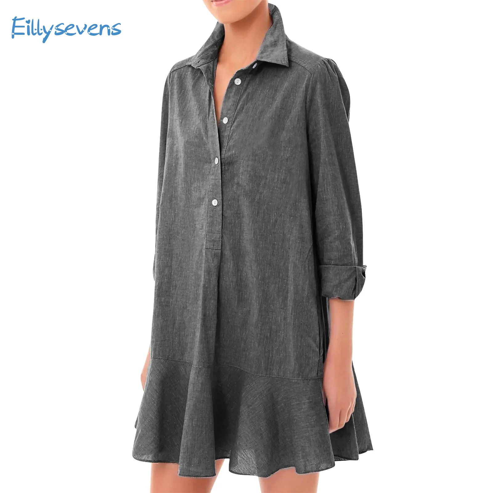 Women Loose Dresses Fashion Casual Half Open Shirt Hem Ruffle Classic Solid Dresses Daily Commute Date Simple Long Sleeve Dress