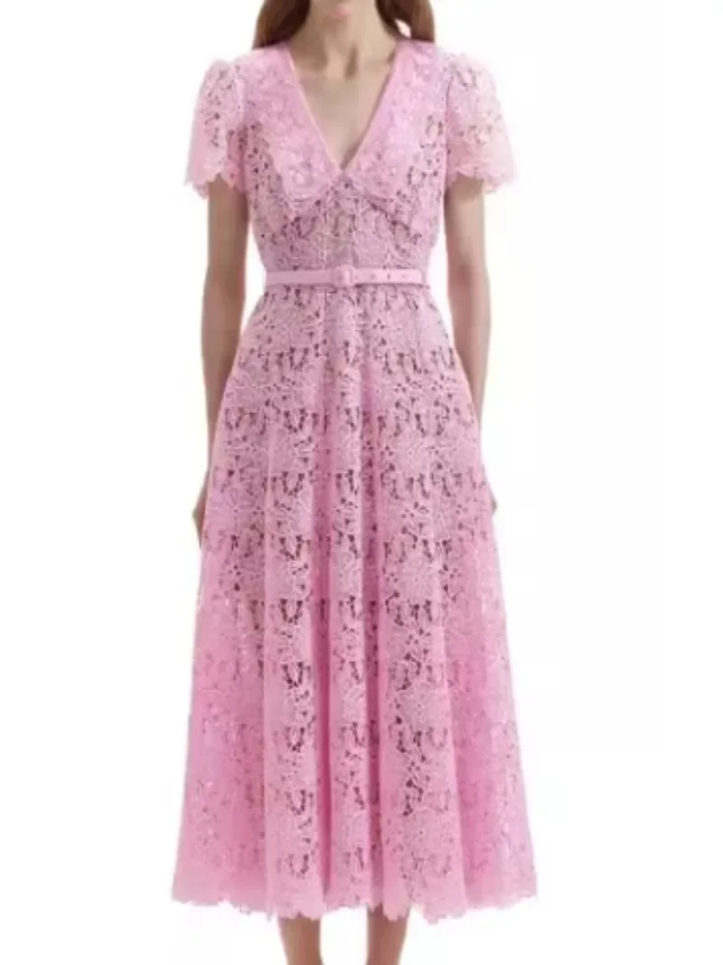 2024 Spring Lace Pink Belt Hollow Out Midi Dress