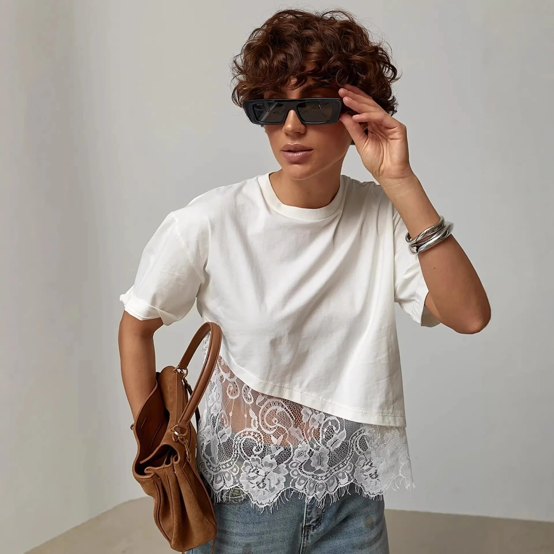 White Lace Patchwork Loose Women T-shirt 2026 New Summer Chic O-neck Short Sleeve Irregular Tops Female Basic White Tops
