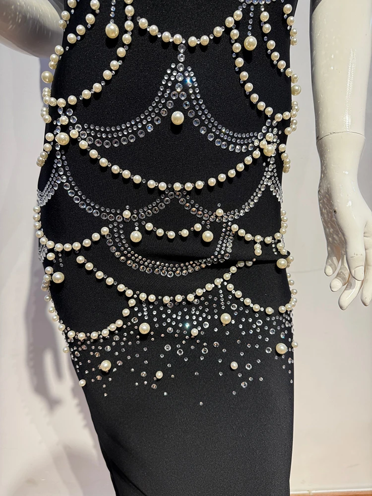 Women's Strapless Black and White Pearl Embellished Midi Dress Satin Bust Evening Gown for Cocktail Formal Events