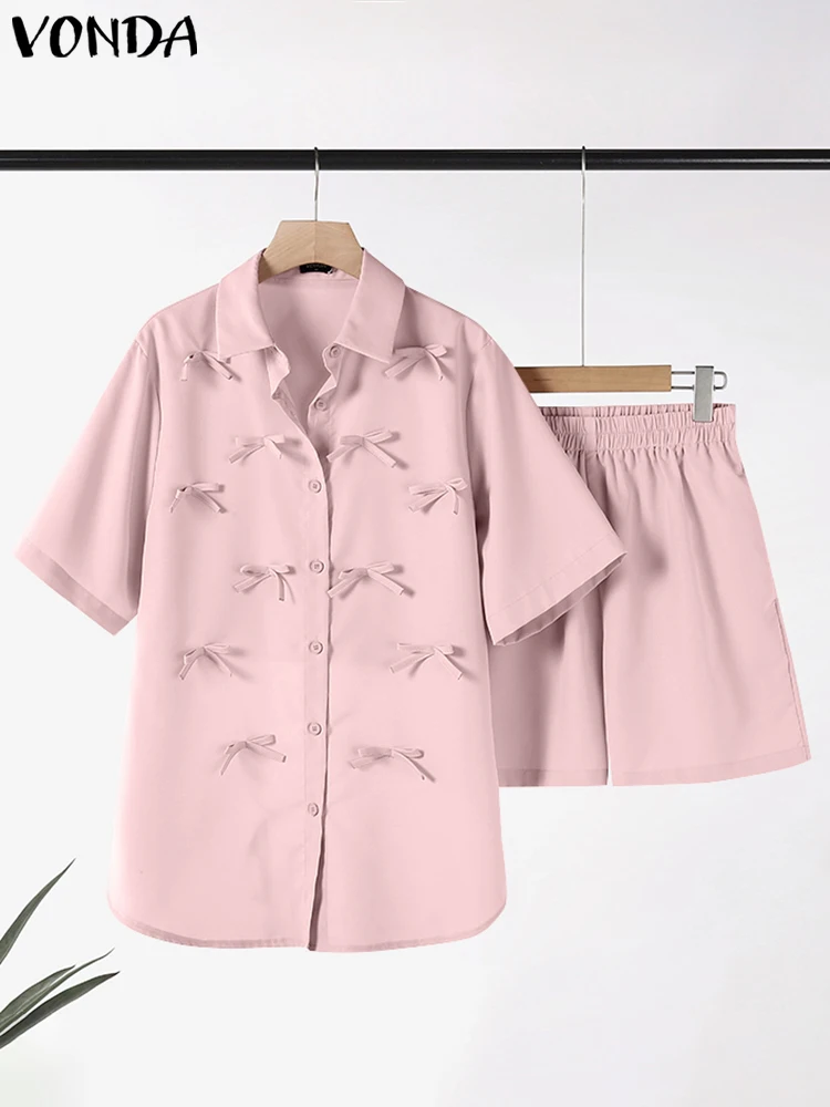 

VONDA Women Short Sleeve Sets 2024 Casual Bow Shirts High Waisted Shorts Two-Piece Matching Sets Oversized Suits