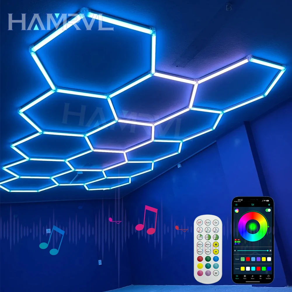 Dimmable & App Control RGB Hexagon Garage Lights - Smart Color-Changing LED Panels for Basement Gaming Room Bar customizable