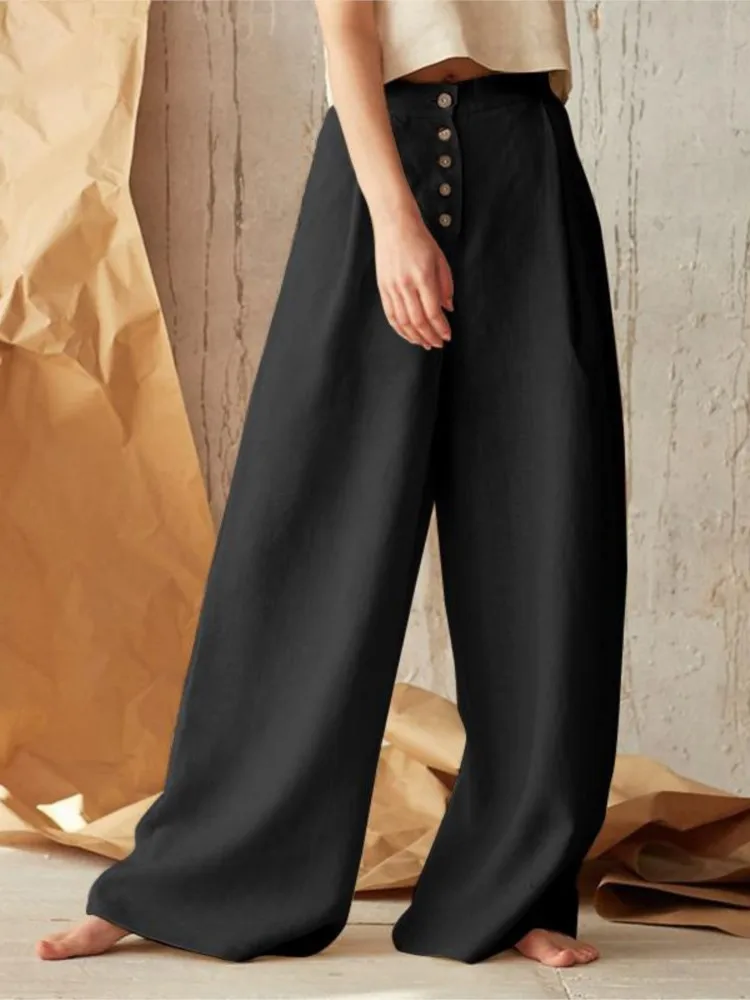 Fashion Black Casual Long Pant Women\'s Solid Color High Waist Casual Buttoned Cotton And Linen Wide Leg Pants New Spring Summer