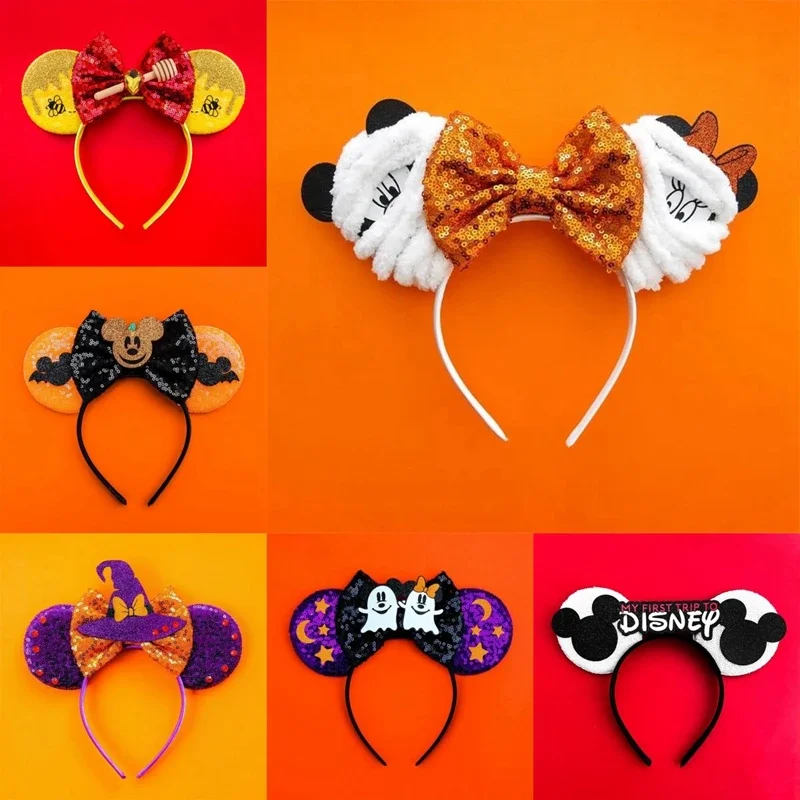 Disney Mickey Mouse Ears Headbands for Girls Kids Women Sequins Bow Hair Accessories Minnie Mouse Pluto Hairband Piglet Headwear