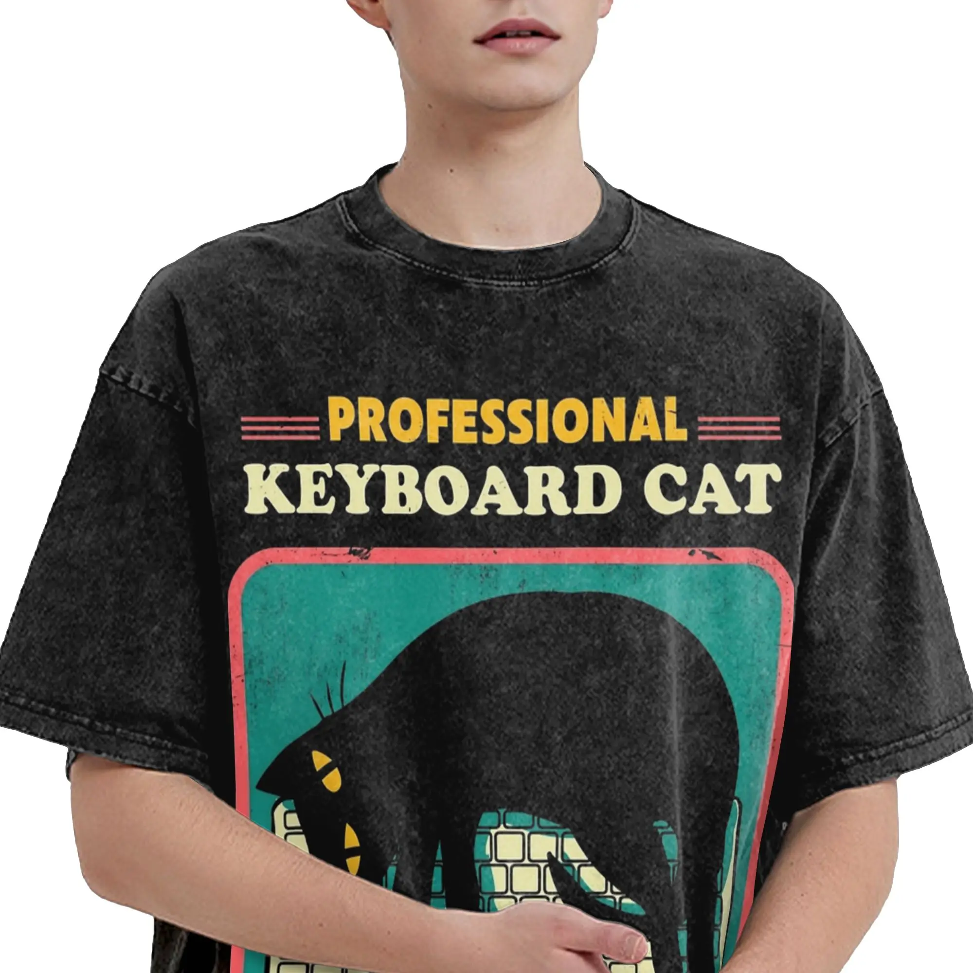 Cat Playing Computer Games Keyboard Washed T Shirts Streetwear Hip Hop Retro T-Shirt  Tee Shirt Men Women 100% Cotton Harajuku