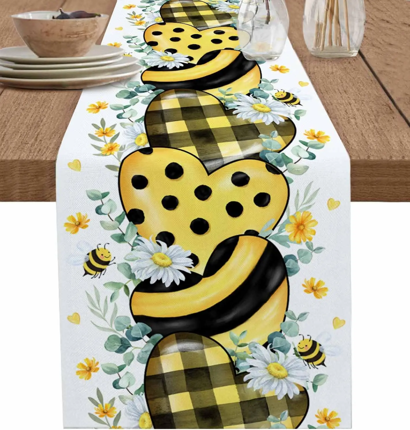 Spring Summer Yellow Plaid Love Daisy Floral Bee Linen Table Runner Party Decor Kitchen Dining Table Runner Wedding Decorations