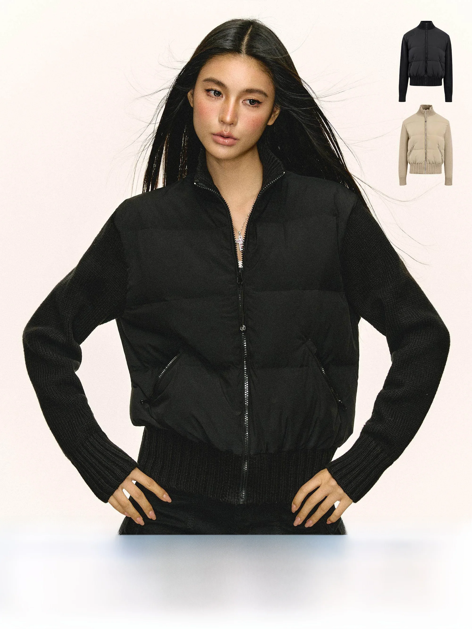 

Ariseism American Sle Lightweight Knitted Stand Collar Fem Jaet Durable Patchwork Design Comfortable Fit Winter Coat