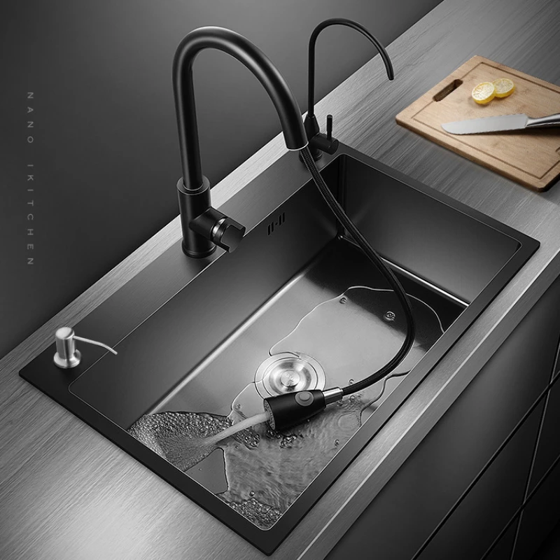 

Black Nano Kitchen Sink Single Bowl Wash Basin with Stainless Steel Topmount/Drop-In/Undermount Installation Drain Set