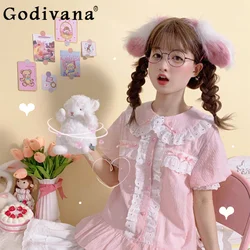 Girl Sweet Elegant All-Match Lolita Inner Cotton Shirts Women Japanese Summer Fashion Peter Pan Collar Casual Y2k Pink Blouses