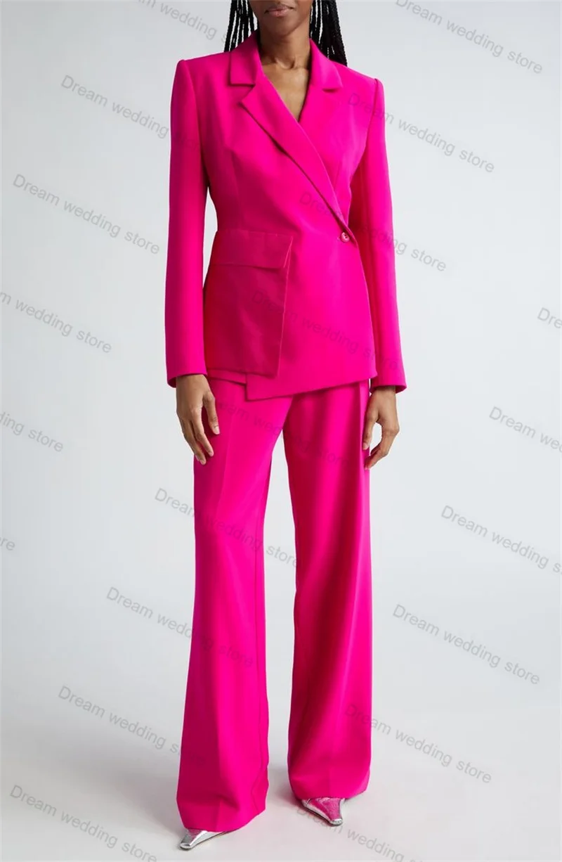 

Hot Pink Women Suits Pants Set 2 Pieces Blazer+Trousers Wedding Tuxedo Tailor Size Prom Jacket Banquet Guest Coat Big Pocket