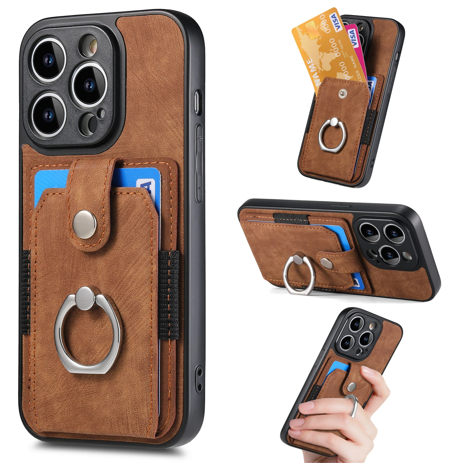 

Finger Ring Leather Phone Case For iPhone 15 Pro Max 14 13 12 11 Pro Max 15 Plus 13 Pro Wallet Card Slots Holder Cover