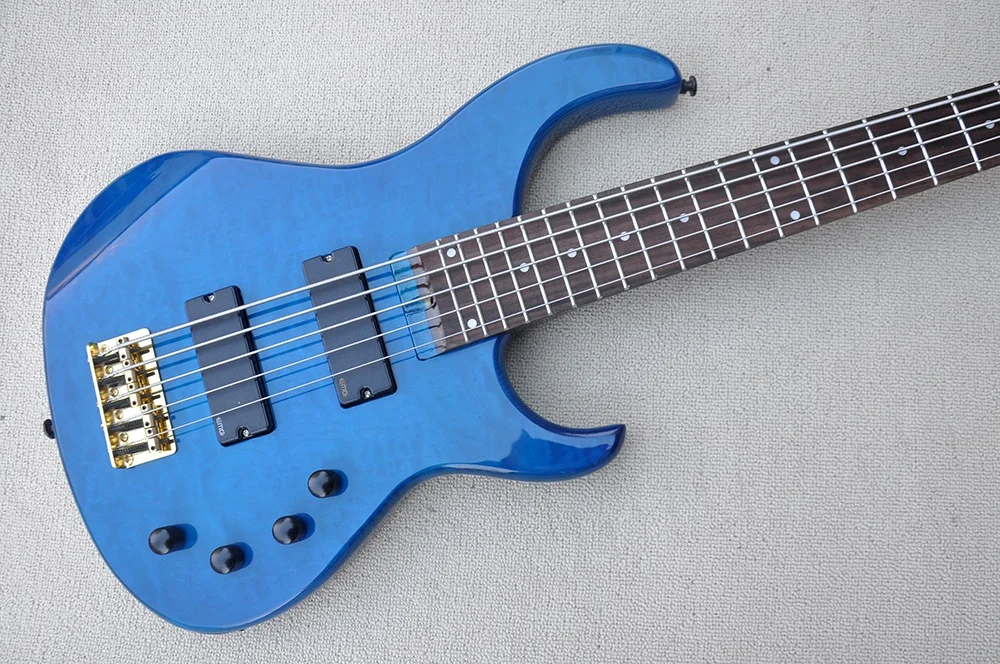 Factory custom 5 Strings Blue Electric Bass Guitar with Cloud Patterns Veneer,ASH body,Black Hardware，Provide customized service