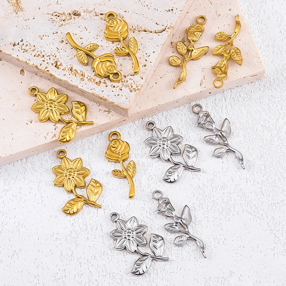 

2pcs Sweet Style Stainless Steel Sunflower And Rose-shaped Pendant For DIY Earrings Charm for Necklace Jewelry Craft Accessories
