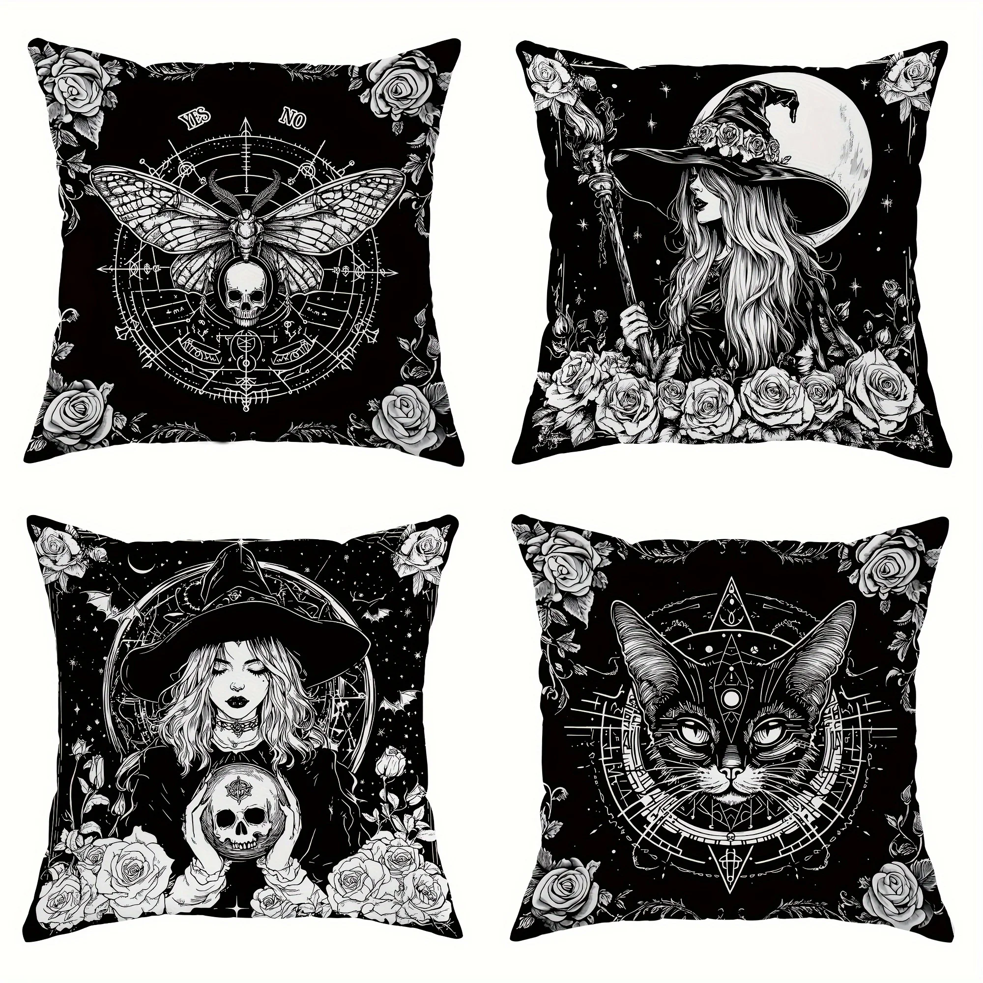 

4Pcs Gothic Pillow Covers Set Witch Black Cat Moth Floral Patterns Zippered Polyester Cushion Covers Machine Washable