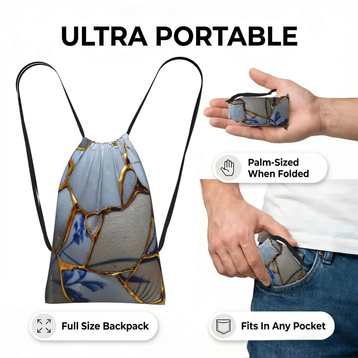 Kintsugi Drawstring Backpack hiking cycling Bag Portable Travel Drawstring Bag for Men Women