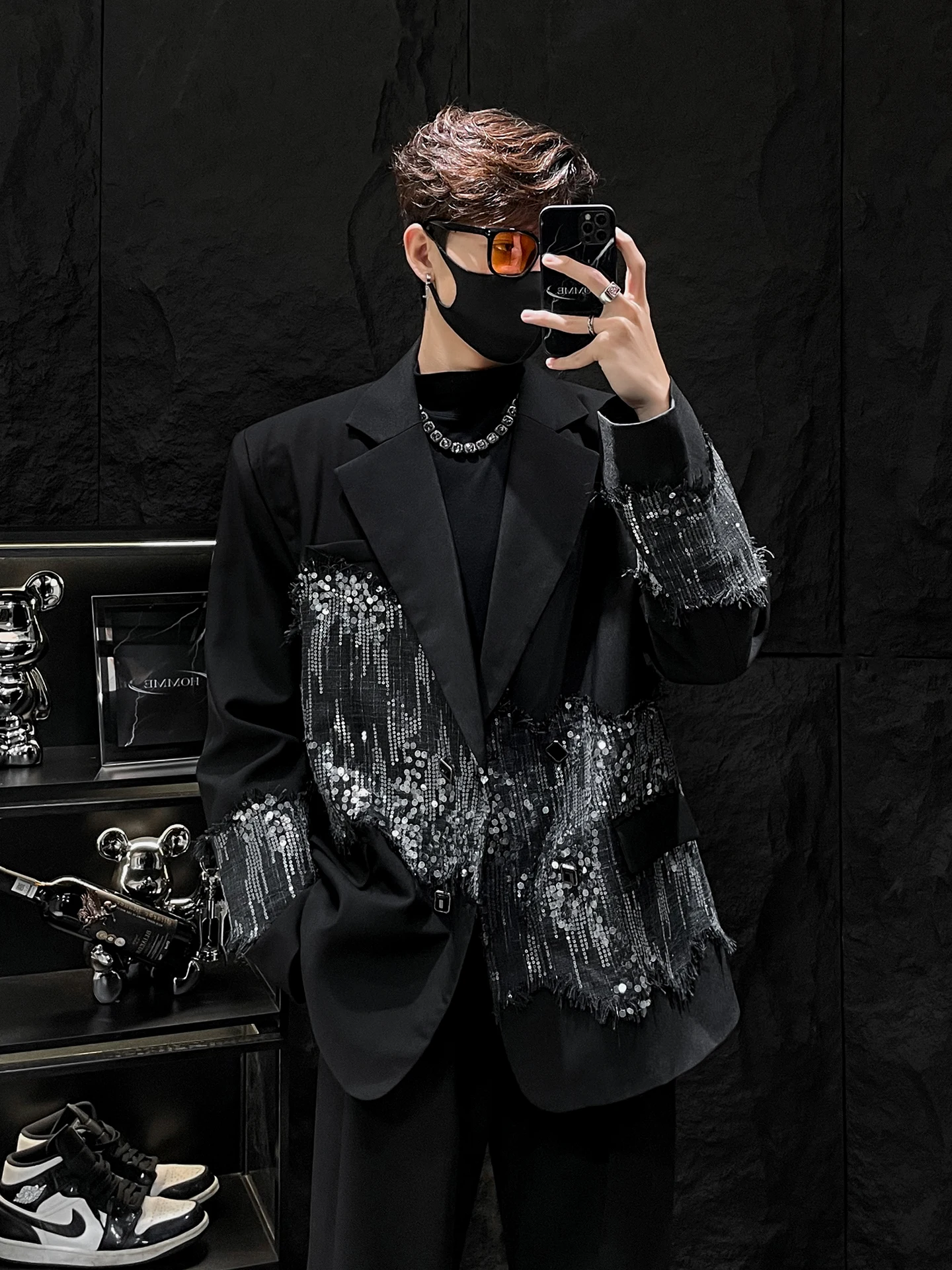 

Bla Men's Suit Jaet with Sequin Splicing by HOMME Loose Fit Casual Sle round Hemline Long Sve Autumn Wear