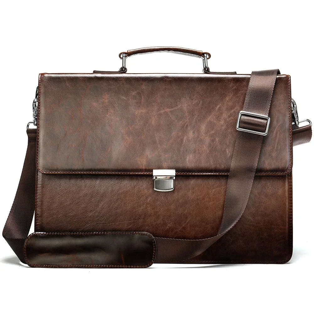 Genuine Leather Business Men's Handheld Briefcase Retro Oil Wax Leather Postman Bag Large Capacity Shoulder Bag Crossbody