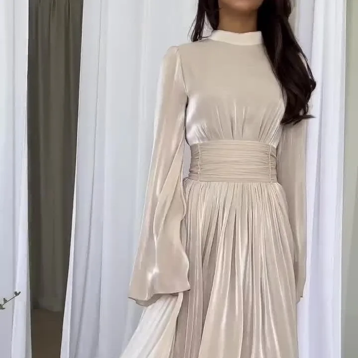 Autumn Light Luxury Ladies Party Gown Fashion O-Neck Cinched Waist Pleated Long Dresses French Casual Solid Color Banquet Dress