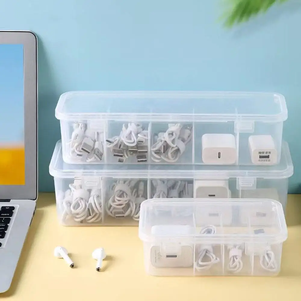 Dustproof Data Cable Organizer Transparent Desktop Storage Box With Compartments Headphone Charger Card Organizer Container Case