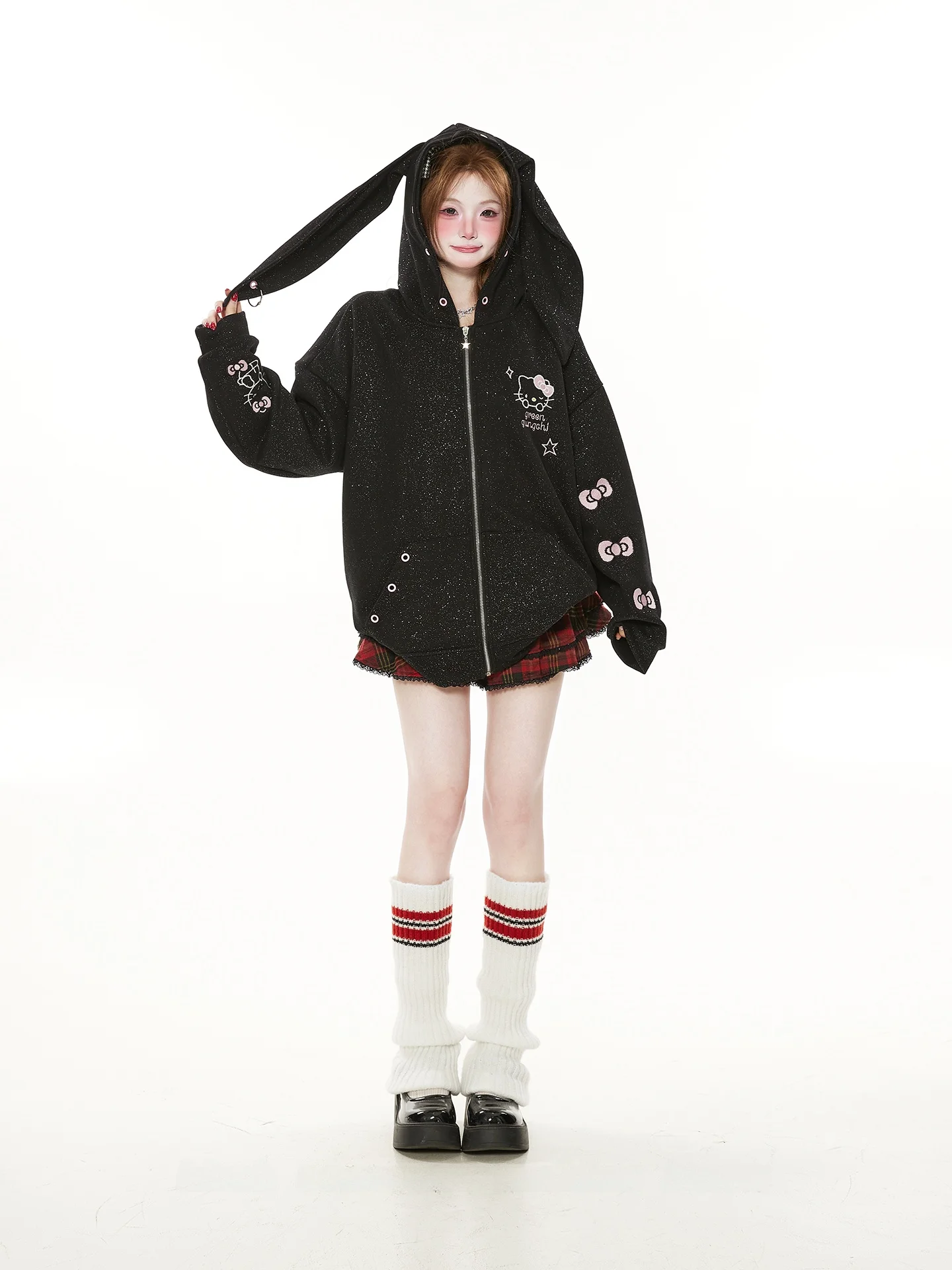 

Ele Embroidered Knot iny Rabbit Ear Sweatirt Cardigan Women's Spring Autumn Loose Sparkling Outerwear