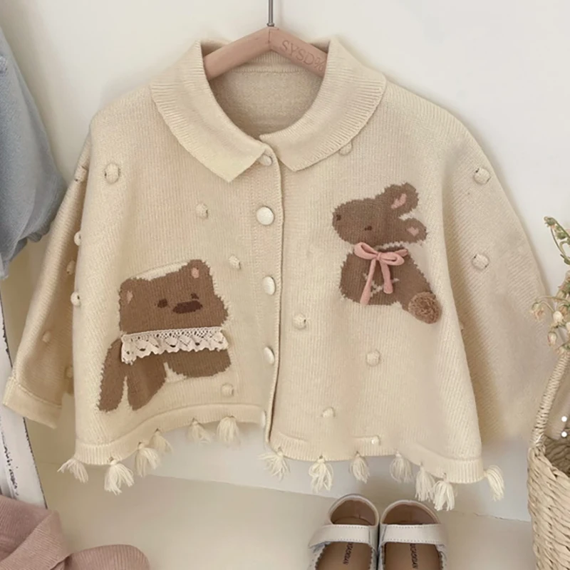 MILANCEL Autumn Children\'s Sweaters 1-6 Y Girls Cartoon Bear Bunny Knit Cardigans Coat Kids Tassel Princess Style Sweater Cloak