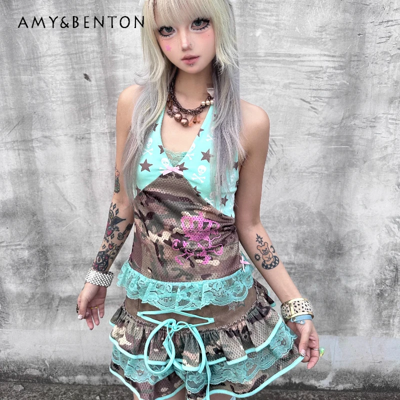 

Original Design Mint Green Chocolate Color Splicing Star Elastic Women's Halter Top 2025 Summer New Cool Girl Y2k Vest Ladies