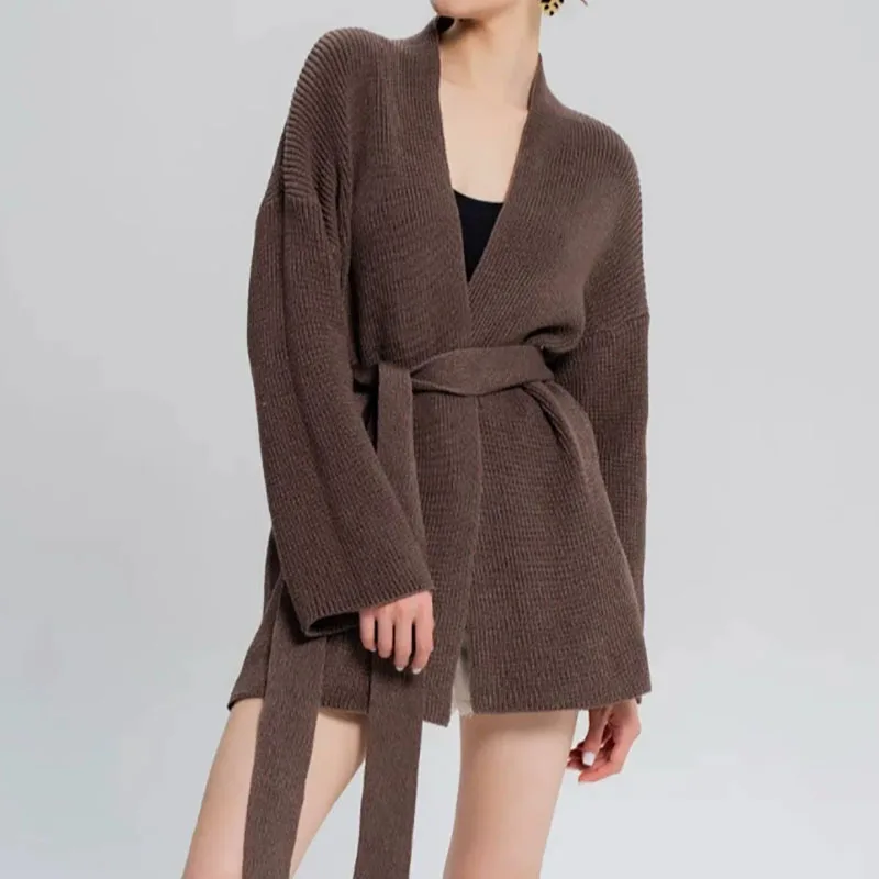 Casual Pit Streifen Gestrickte Spitze Up Strickjacken Herbst Winter Neue Einfarbig Langarm Pullover Dame Elegante V-ausschnitt Pendeln Jumper