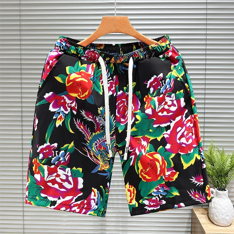 Men's Vintage Floral Print Summer Shorts Quick Dry Ice Silk Loose Fit Beach Pants Casual Five Points Baggy Short Trousers