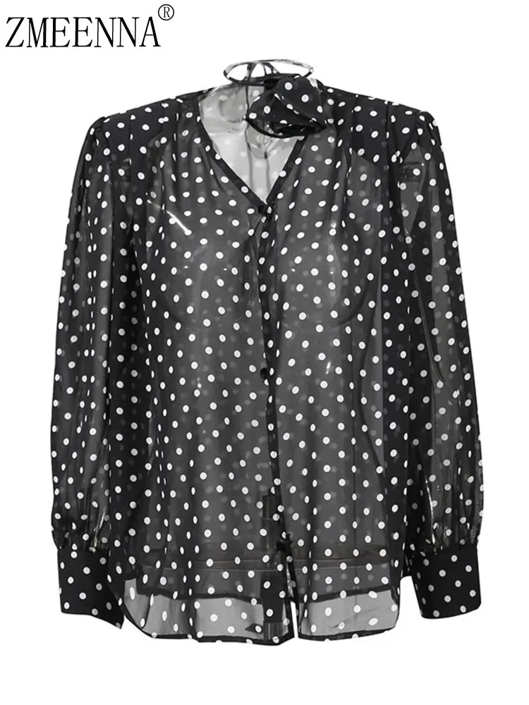 

ZMEENNA Women's Sheer Polka Dot Blouse Long Sleeve V-Neck Button Down Shirt With Tie Neck Detail Casual Elegant Loose ZM3326